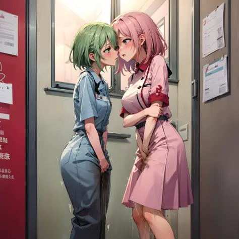 Two nurses having fun in the examination room、Lesbian Mika metamorphosis act、Obscene、Tears、Desperate look、red blush、discreet breasts、peeing herself、the kiss