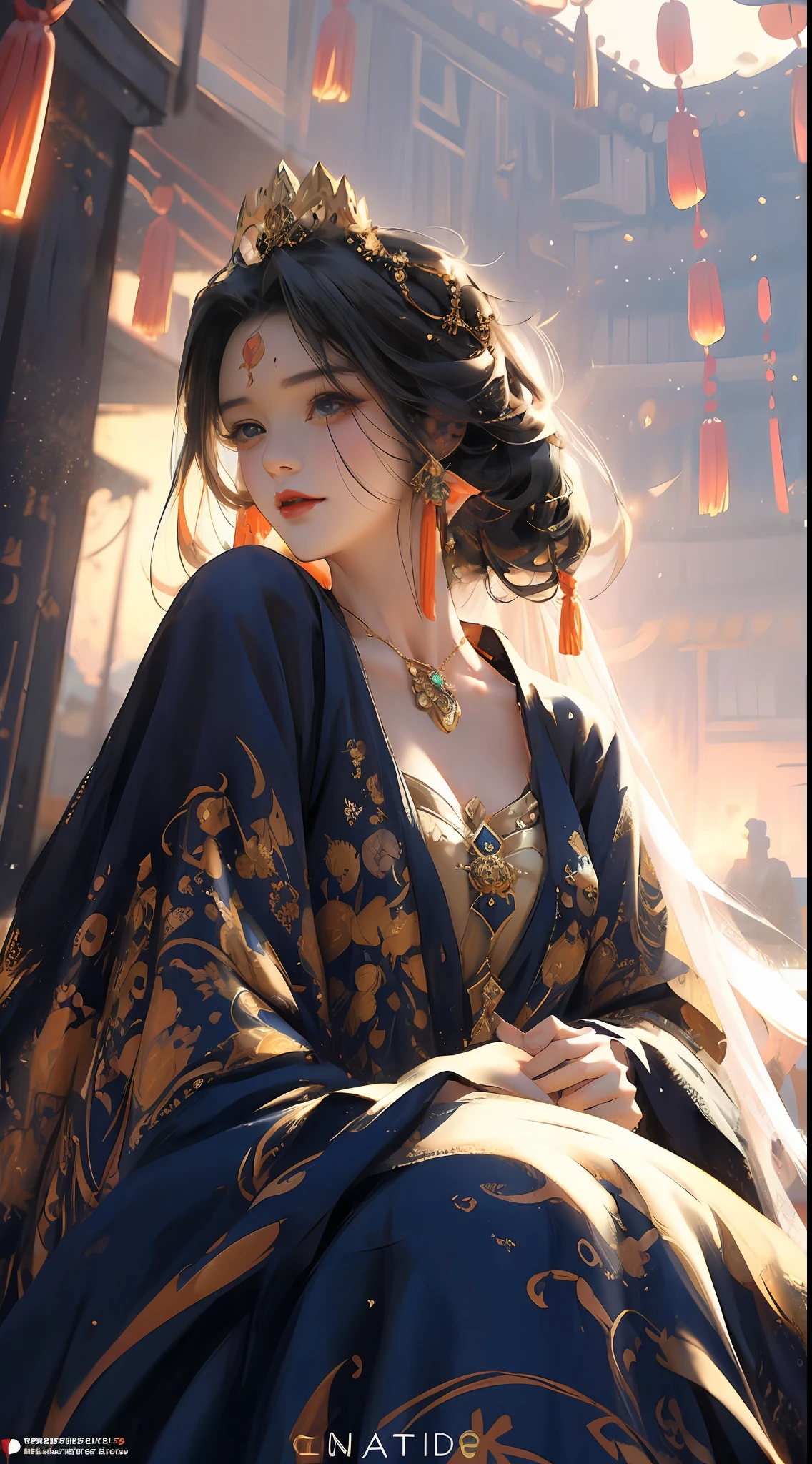 1 美丽，皇后，Golden Hanfu，民族风格，古風，超清晰，脸部特写，30岁，魅力，丰满，景点，头饰皇冠，面向观众，坐