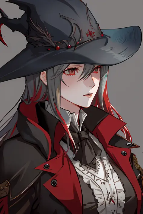 anime girl with red hair wearing a black hat and red cape, portrait of a bloodborne hunter, alucard, o vampiro, estilo bloodborn...