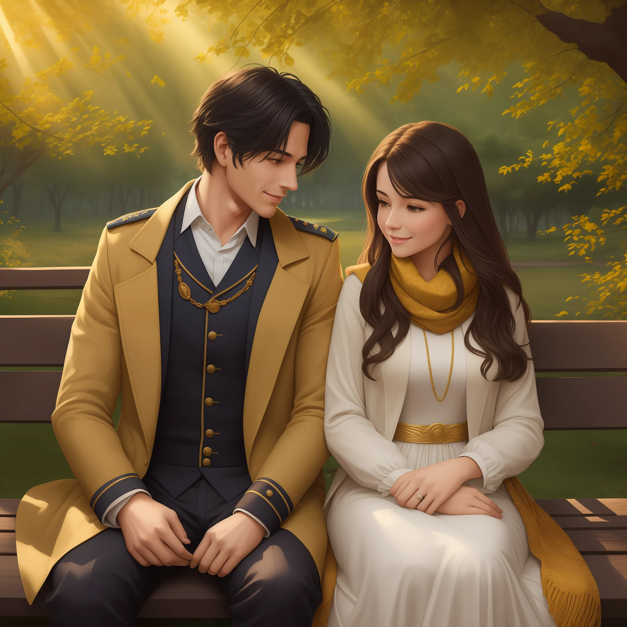 Prompt: Create an illustration of a period romance couple on a walk through the park. The woman has brown hair and is wearing a simple, romantic dress, with a scarf around his neck. The man has messy black hair and is wearing a relaxed military uniform, com o colarinho desabotoado. They're sitting on a bench, conversando animadamente e rindo, enquanto folhas de outono caem ao seu redor. Be sure to capture the romantic and cozy atmosphere of the park with rich details, like trees with colorful leaves and a cobblestone path. The lighting should reflect the late afternoon, with golden rays of sunshine piercing through the treetops. The expression on the couple's face should convey happiness and emotional connection. Bring the colors and textures of the costumes and scenery to life to create a charming and nostalgic illustration. Com roupas do seculo xix, periodo regencial