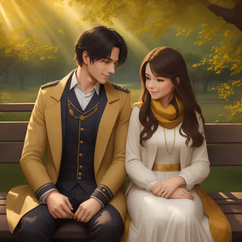 Prompt: Create an illustration of a period romance couple on a walk through the park. The woman has brown hair and is wearing a ...