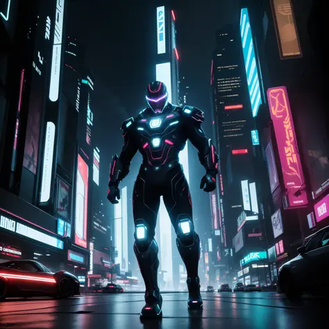 Ultra-wide panoramic view, dynamic lighting, a man in futuristic attire, half-machine cyborg, sprinting at high-speed through a ...