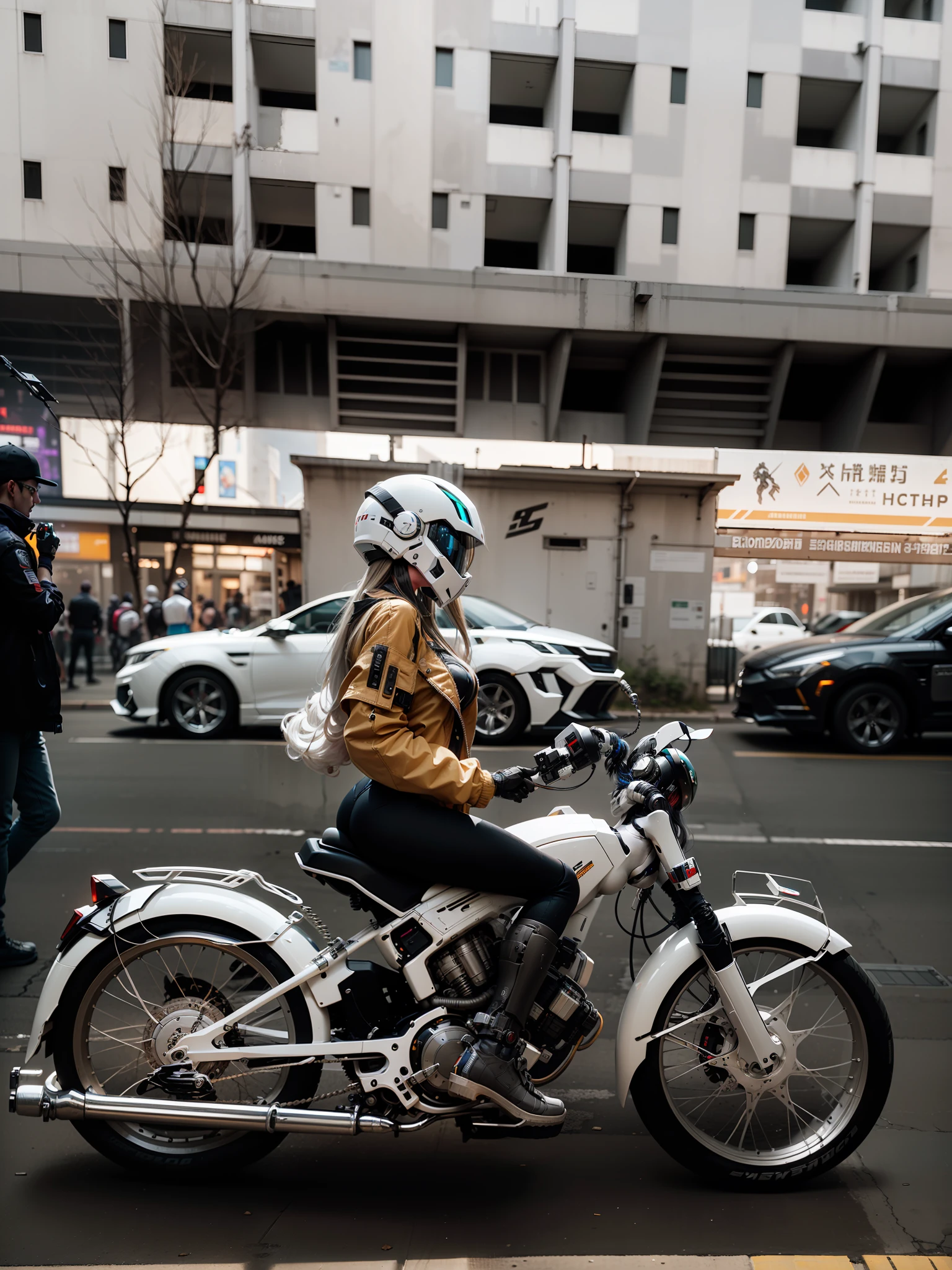 There is a woman riding a motorcycle on the street - SeaArt AI