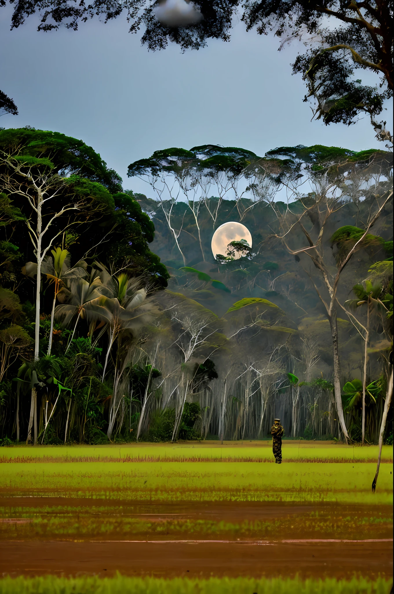 Guerrei are positioned in a circle amid the Amazon rainforest illuminated by the full moon His keen eyes probe the horizon, warning of any approaching threat