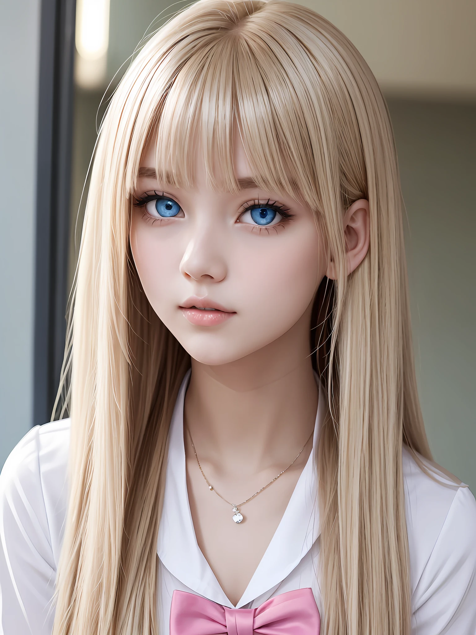 crystal clear big blue eyes、platinum-blonde-hair、Super long straight hair、Silky hair、Bangs between the eyes、Pink 、shiny young white beautiful skin、Sexy and very beautiful good looks、Beautiful and cute face、Very beautiful 17 years old good girl in style、