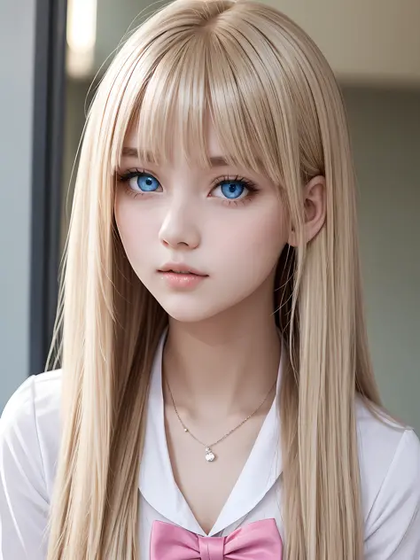 crystal clear big blue eyes、platinum-blonde-hair、Super long straight hair、Silky hair、Bangs between the eyes、Pink school uniform、shiny young white beautiful skin、Sexy and very beautiful good looks、Beautiful and cute face、Very beautiful 17 years old good gir...