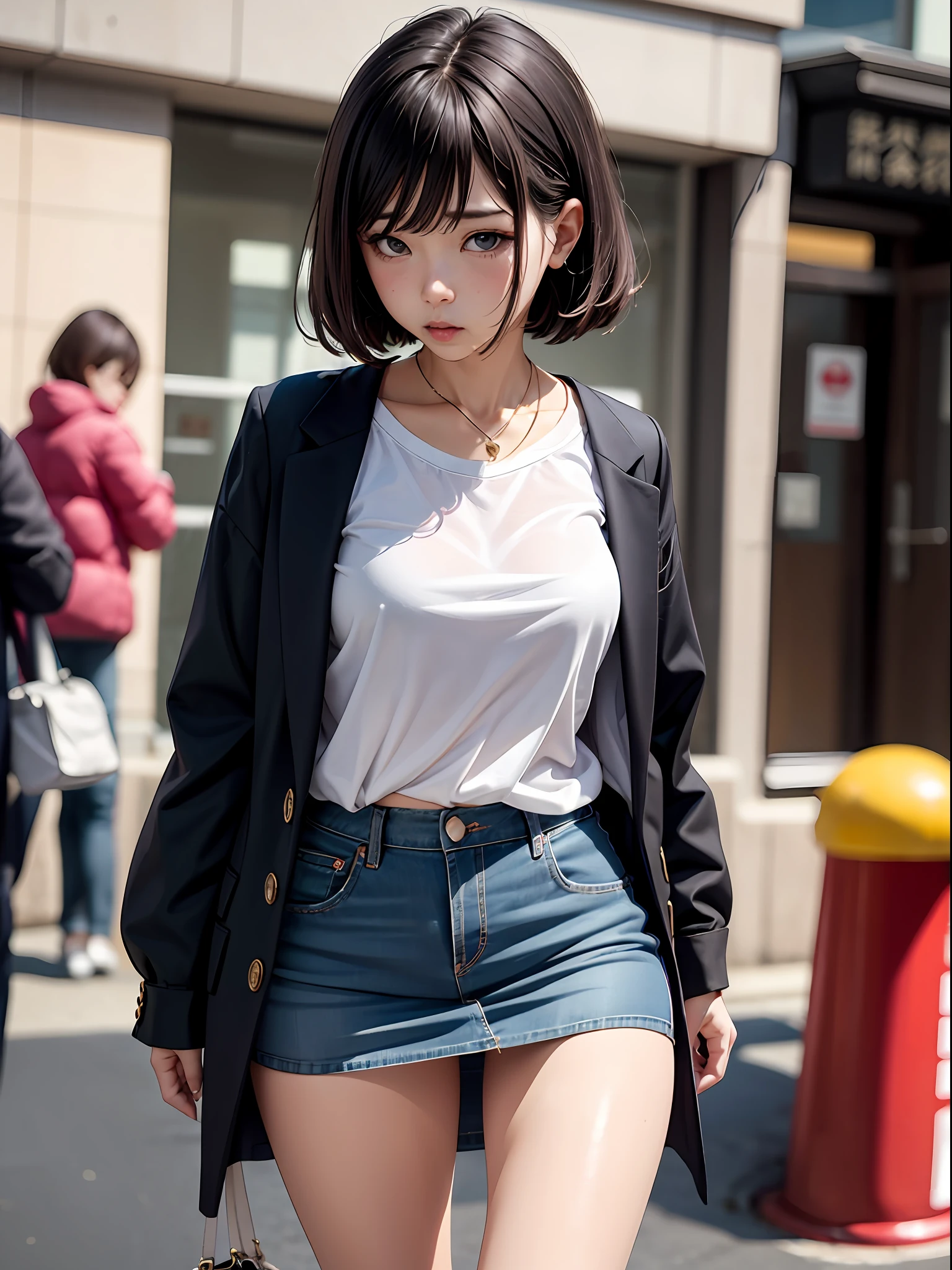 Araffed asian woman in short denim shorts and a blazer - SeaArt AI