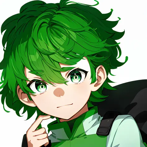 Avatar photo on white background，Cute cartoon boy，Green hair，The theme is also green，Has hair like a broccoli