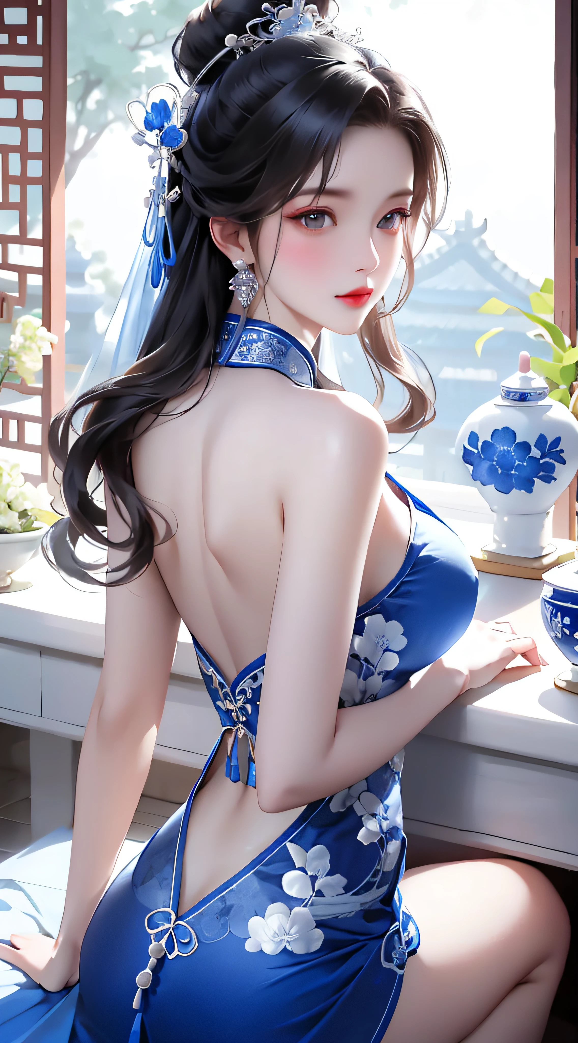 tmasterpiece，best qualtiy，8K，primitive：1.2，realisticlying：1.4，Grotesque，1 Role，Solo，ff Tifa，Most detailed，opens his eyes wide：1.3，eyes reflection：1.5，eyes with brightness：1.5，White skin，（Chinese cheongsam in blue and flowers，side splits，lace-up，Chinese tiara，Blue and white porcelain），Plum print，Slim，Thin leg，Hunched back，Cocked buttocks，armpits，Moon，Updraft，rays of moonlight，Beautiful ancient Chinese architecture，Chinese style，（back）