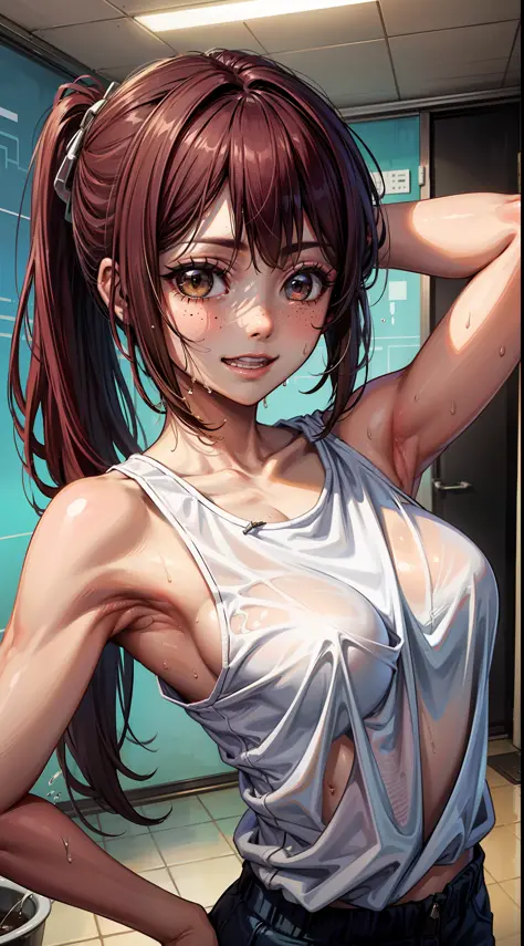 tying hair、30-year-old woman with brown hair in short ponytail wearing tank  top、Arms crossed behind the head、、Brown-eyed、Freckles on the  face、bangss、realisitic、Round face、Show your teeth and smile、be shy、Armpits  are wet with 、Yogurt in the
