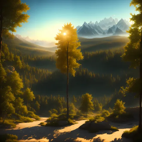 forest with green leaves at sunset, snowy mountain on background, photorealistic, professional canvas by greg rutkowski, joe mad...