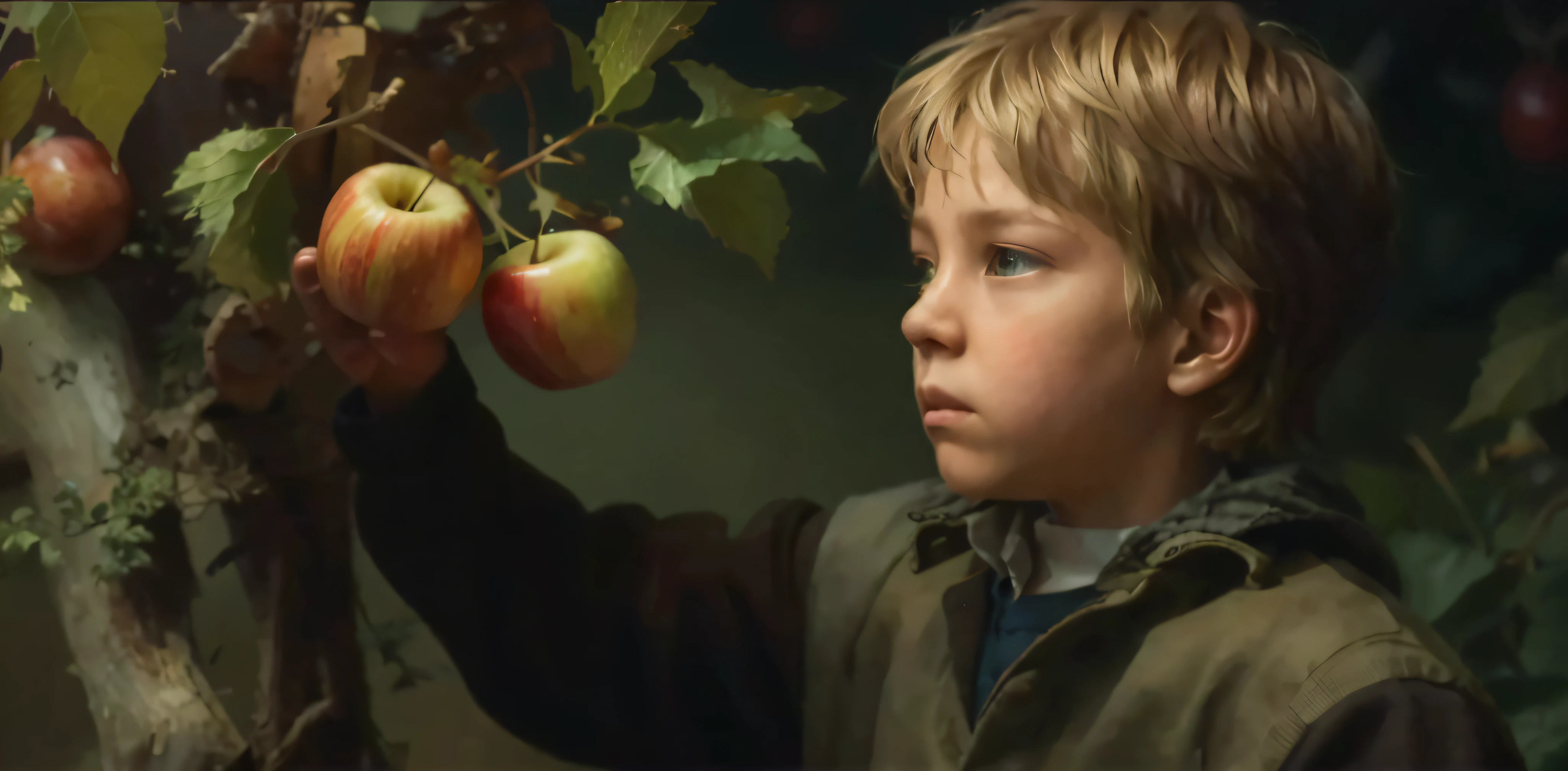 "Image simulating a boy also observing the apple that differs from the usual, ultra detailed, lots of color, cool and modern, realistic casting of shadows, warm and vivid light, vibrant and dynamic atmosphere, blurred background with different texture details."