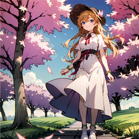 under a sakura tree，Pink leaves，Big wind，Pink leaves fly，White straw hat:1.2，asuka，white dresses，The lens looks down，Lace-trimmed skirt，Long dark yellow hair，eBlue eyes，ssmile，standing on your feet，Stand next to the tree，Light green meadow，Close-up。