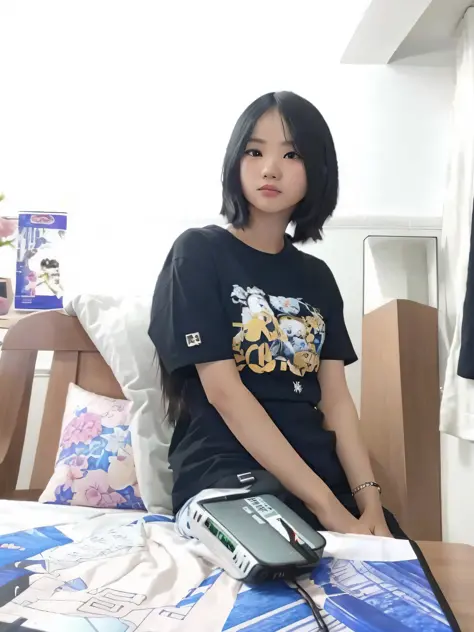 there is a woman sitting on a bed with a laptop and cell phone, anime thai girl, with short hair, xintong chen, 19-year-old girl...