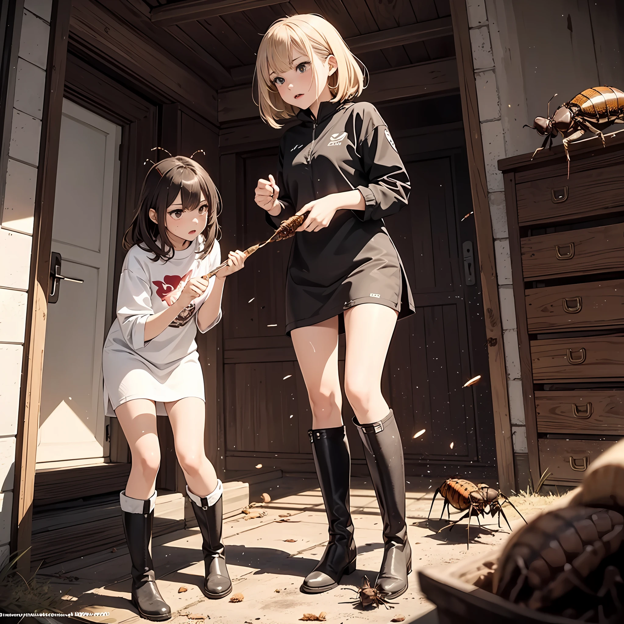 Two women in short skirts and boots are standing outside of a house -  SeaArt AI