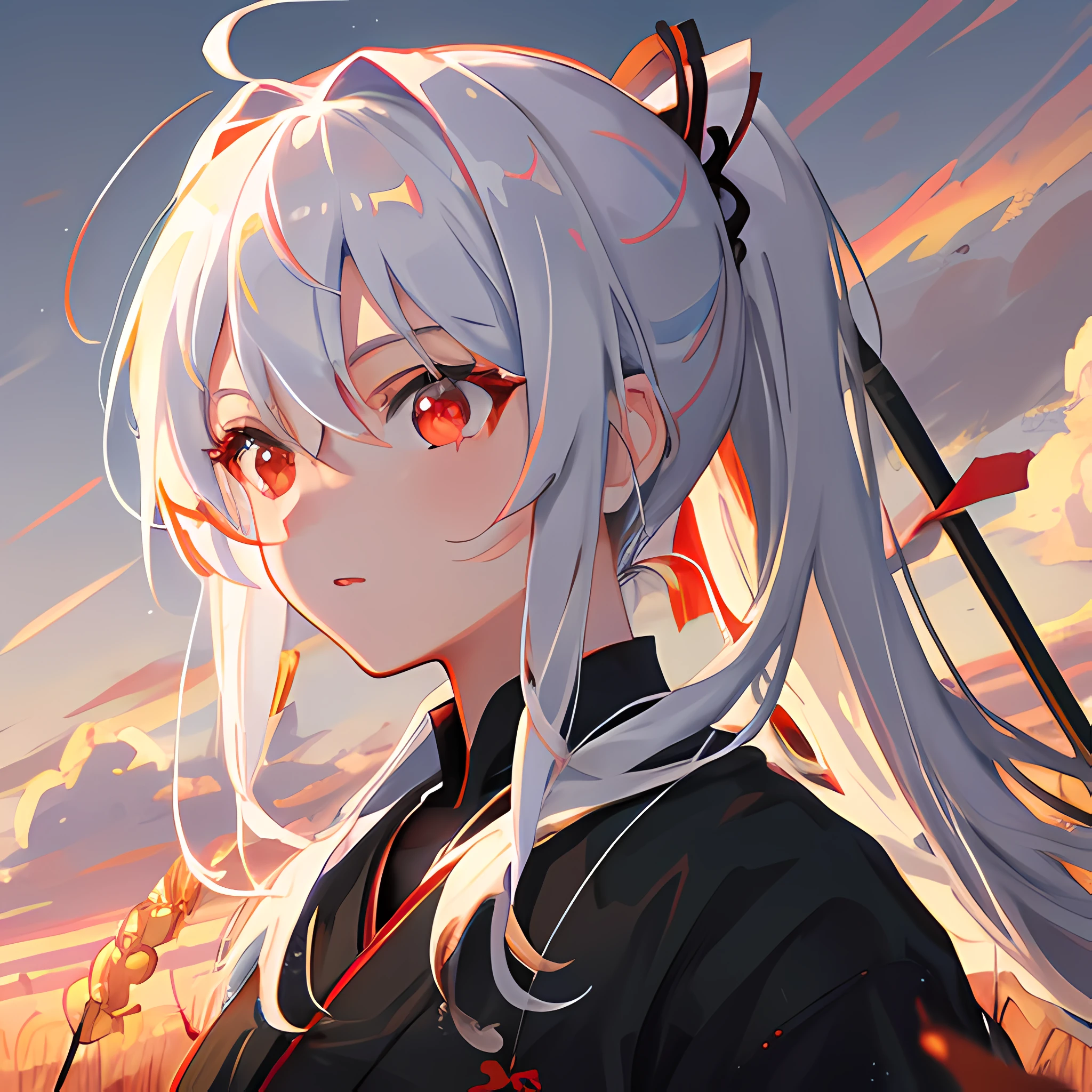 Super resolution, Super detailed, Ultra detailed, Masterpiece, Best quality, 1girll, Portrait, White hair, pony tails, Red eyes, Samurai, Wheat landscape, Sun, Clouds, (com cores neutras), (hdr:1.3)