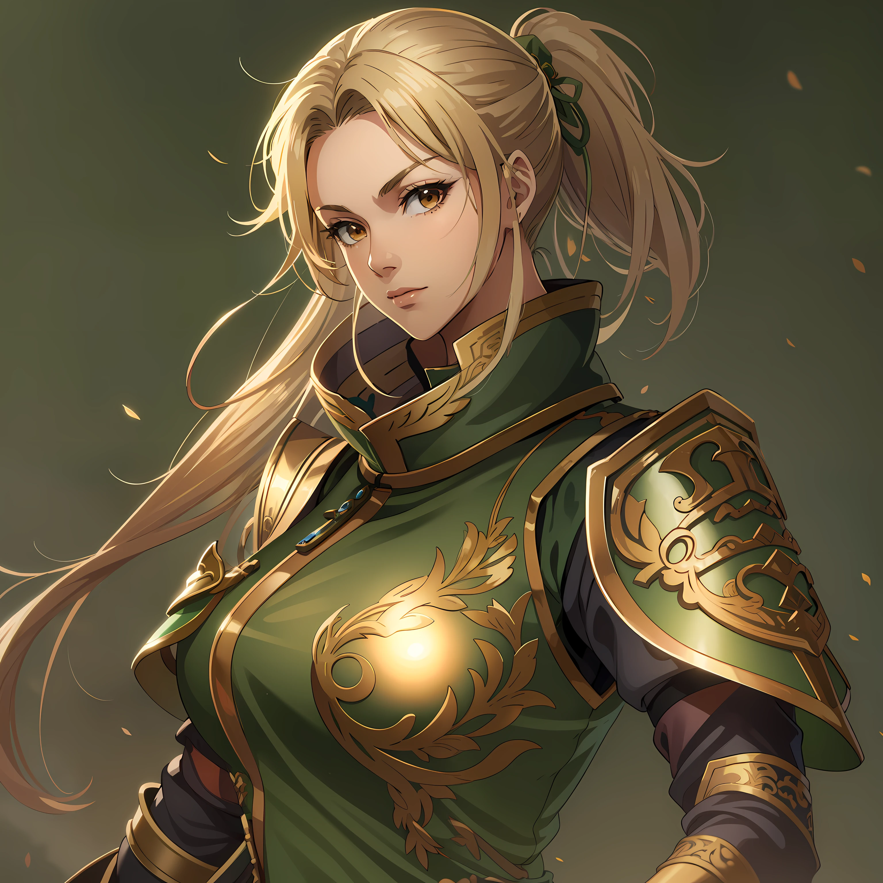 blonde woman, brown eyes, ponytail hair, green armor, green clothes, gold kusarigama, lian shi clothes, dynasty warrior 7, anime style, rpg, rpg fantasy, medieval fantasy