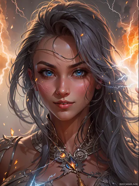 potrait a beautiful sorceress casting a lightning bolt spell, she is standing on a burning ground, fantasy background, various o...