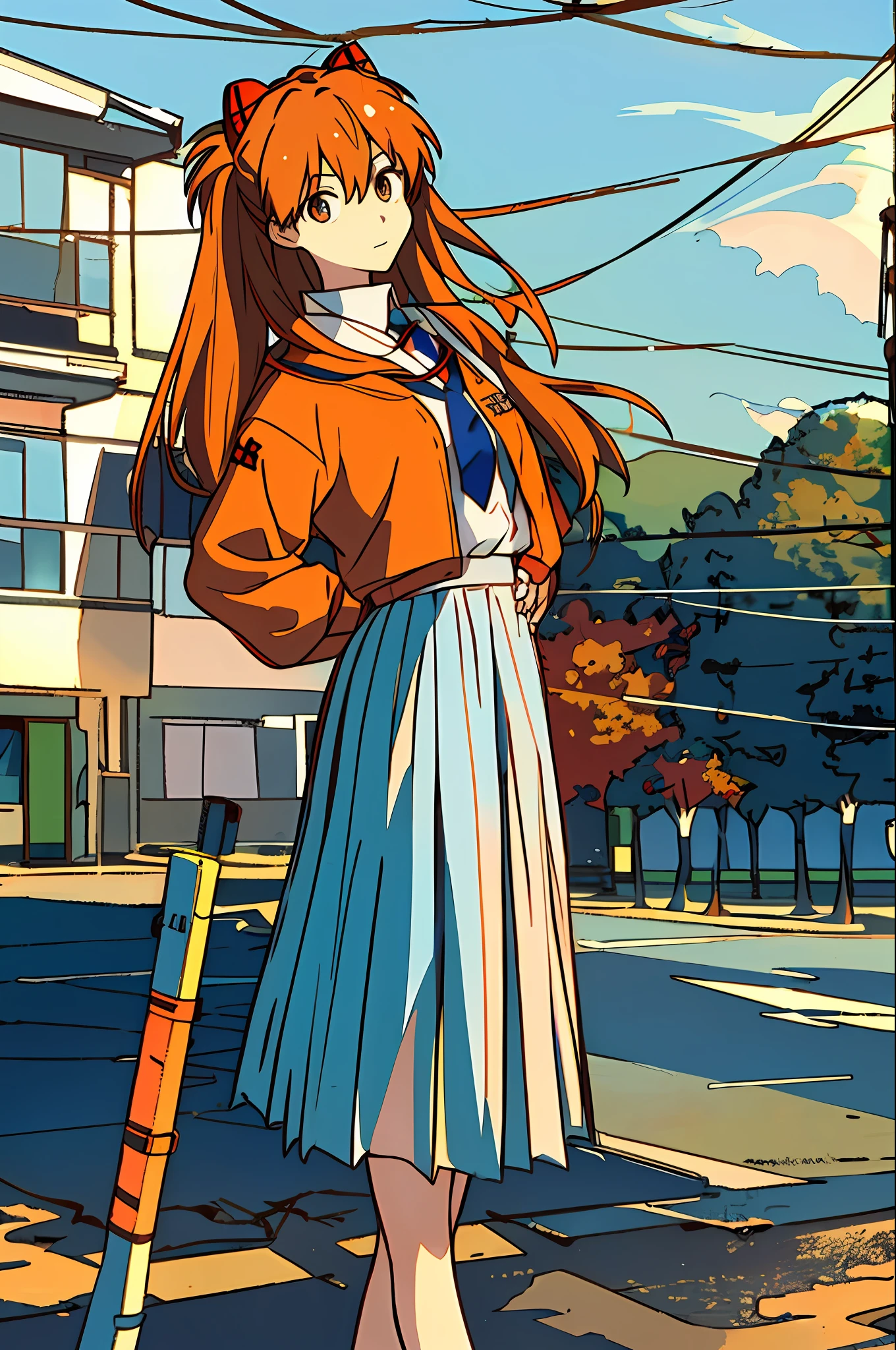 1girl in, Soryu Asuka Langley, 独奏, Twin-tailed, neck tie, skirt by the, plein air, length hair, Power lines, Skysky, 校服, Hands on the hips, jaket, florals