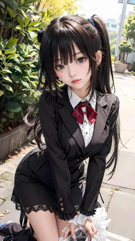 tokisaki kurumi girl in a black dress kneeling on a sidewalk, tokisaki kurumi anime moe artstyle, beautiful tokisaki kurumi anim...