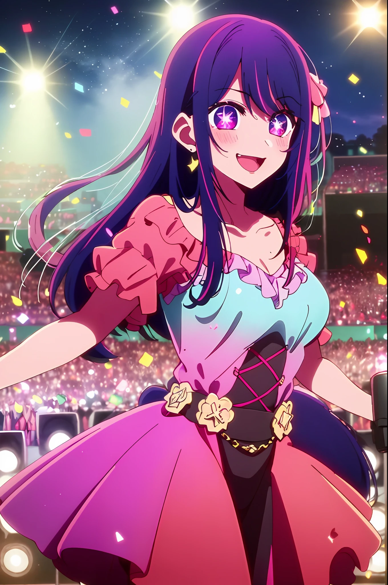 ​masterpiece、ighly detailed、(1 girl in:1.2)、purple color  hair、pink  dress、big eye、a closeup、A smile、8K 、Ai Hoshino、Live performance venue、dance、Large audience、The background is(idol stage:1.3)、(Stand in the center of the screen:1.3)、inside the house、idol live、the wind、(Colorful spotlights:1.7) Break the magnificent view、(Audience 10,000 people:1.3)、Particles of light、(confeti:1.4)、dynamic ungle、holland angle、Perspective Break (during night、spot light:1.5)、depth of fields、bokeh dof、light  leaks、(chromatic abberation:1.2) Romper