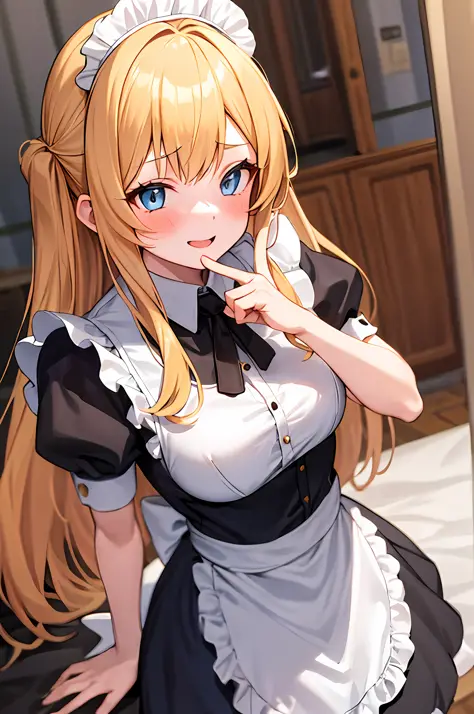 teens girl,blond hairbl,blue color eyes,style of anime,the maid outfit,blacksilk,a masterpiece,finger details,whole body diagram...