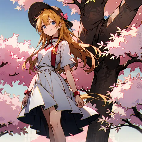 under a sakura tree，Pink leaves，Big wind，Pink leaves fly，White straw hat:1.2，asuka，white dresses，The lens looks down，Lace-trimmed skirt，Long dark yellow hair，eBlue eyes，ssmile，standing on your feet，Stand next to the tree，Light green meadow，Close-up。