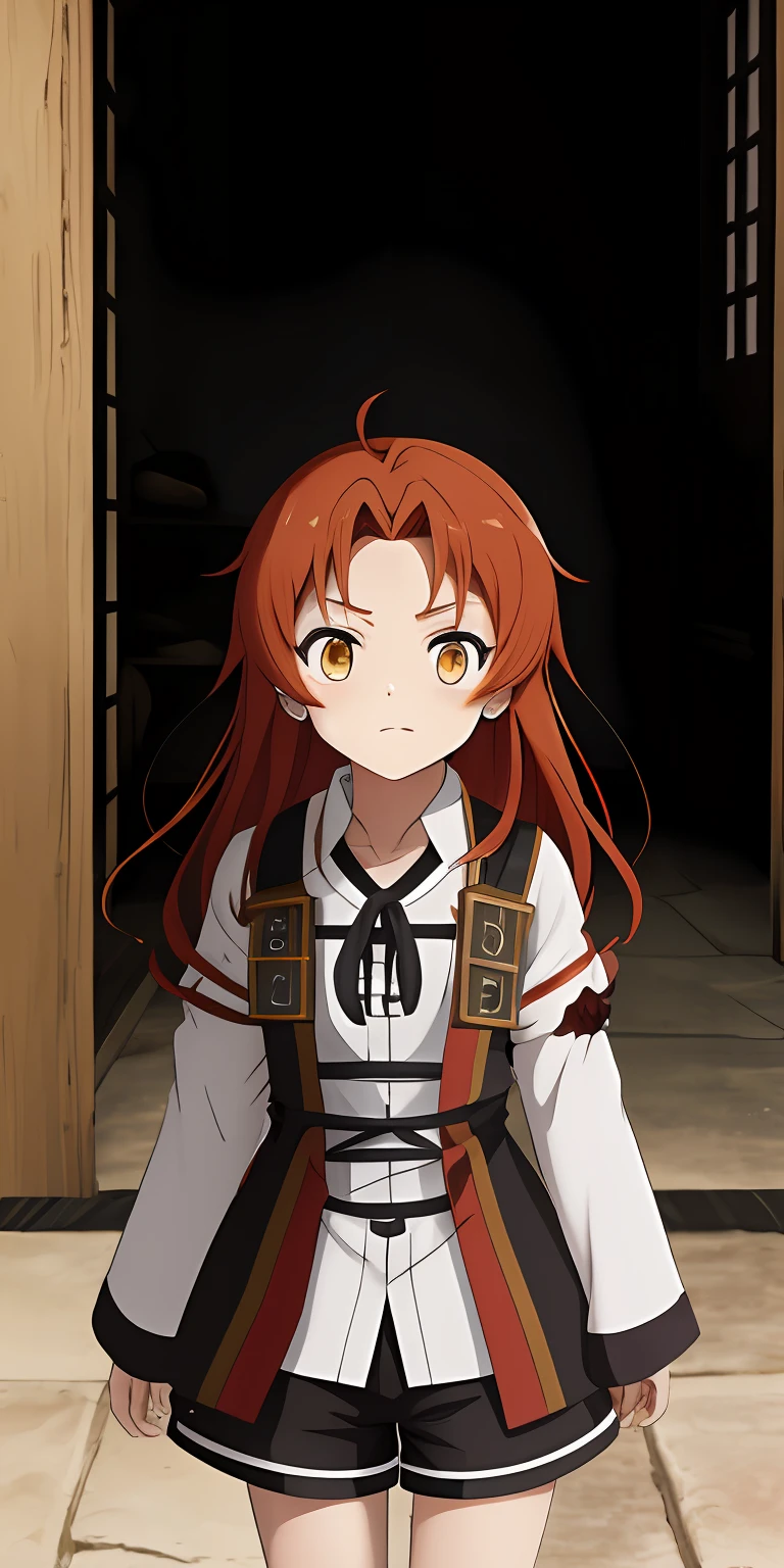 mushoku tensei style, anime coloring, 1girl, Eris_grown-up, white sleeveless shirt, brown shorts, breasts big, へそ, diaphragm,  brown legwear, (brown sheets:0.65), fur-trimmed jacket, standing alone, long  hair, red hair, eyes locked, tsundere, hair band, por dentro, hair band preta, bushy eyebrows, bareshoulders, bangss, cloused mouth, window, hair between the eyes, frown, ((master part))  (Erisgrown-upoSFW:0.2)||||| Rudeus 1 boy