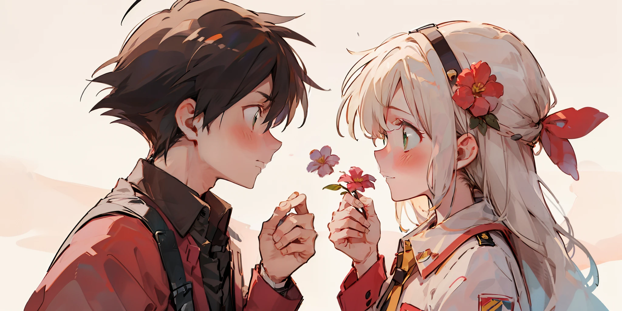 Profile, 1 long white haired girl with emerald green eyes and shy, 1 black haired boy giving her a flower, Looking at others, making eye contact, shirt, collared shirt