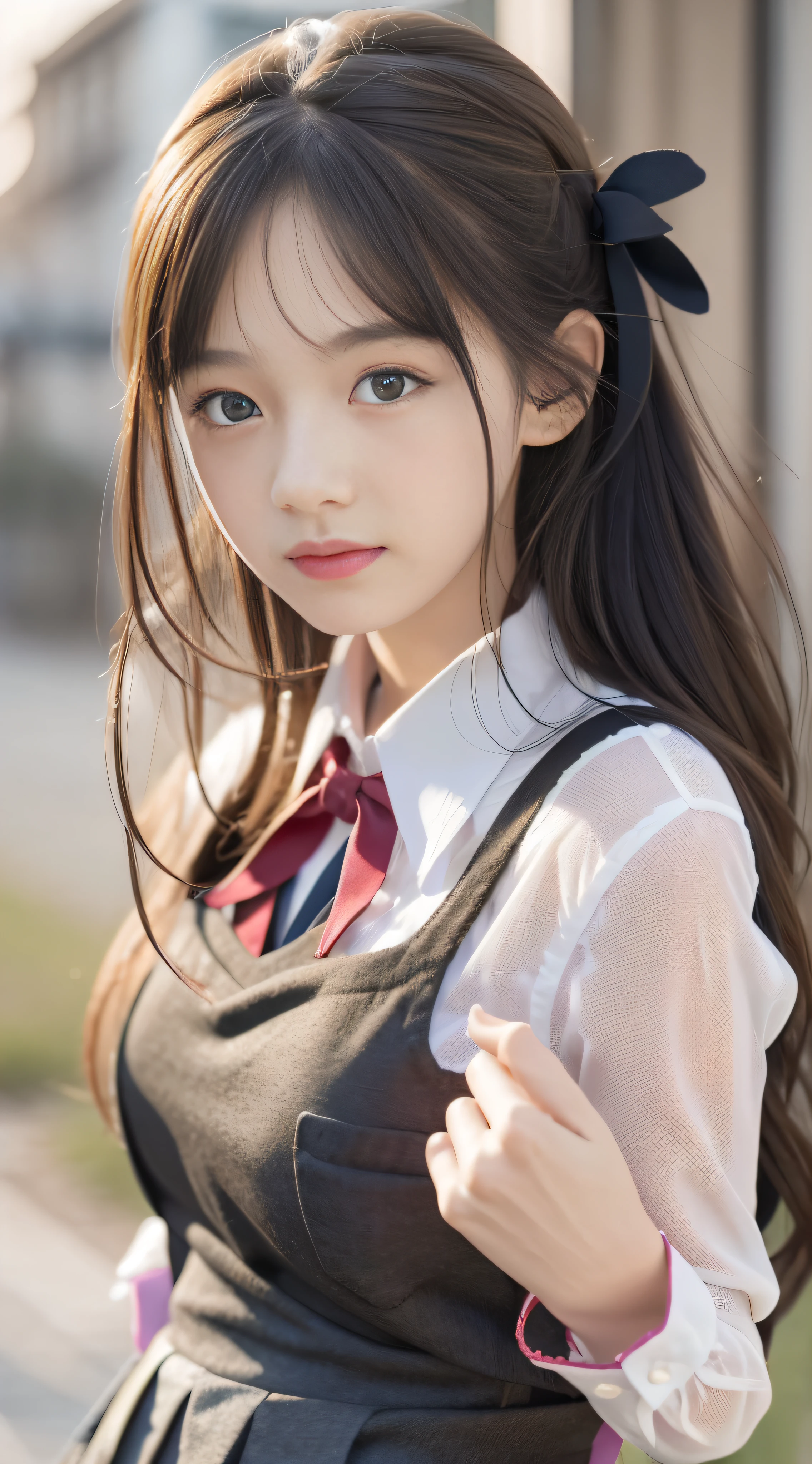 1girl, solo, (school uniform:1.4), green eyes, dress, looking_at_viewer, neck_ribbon, cute, clear facial skin, (best quality), (masterpiece:1.1)