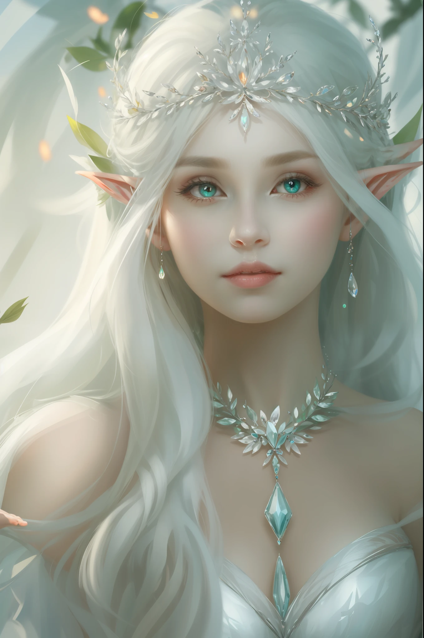 A woman with a crown and a TIA on her head, beautiful and elegant elf queen, Guviz, Fantasy art style, 8K high quality detailed art, Elf Princess, alluring elf princess knight, digital fantasy art , beautiful elven princess, beautiful and elegant female elf, (long  white hair，White-colored skin，Elf Girl，The skin is translucent white，sparkle in eyes，The elves were dressed in pure white)，beautiful  face，Lonely pale face，facing to audience，（Perfect full-body portrait），Particle，Glow，Guviz-style artwork, WLOP Art,