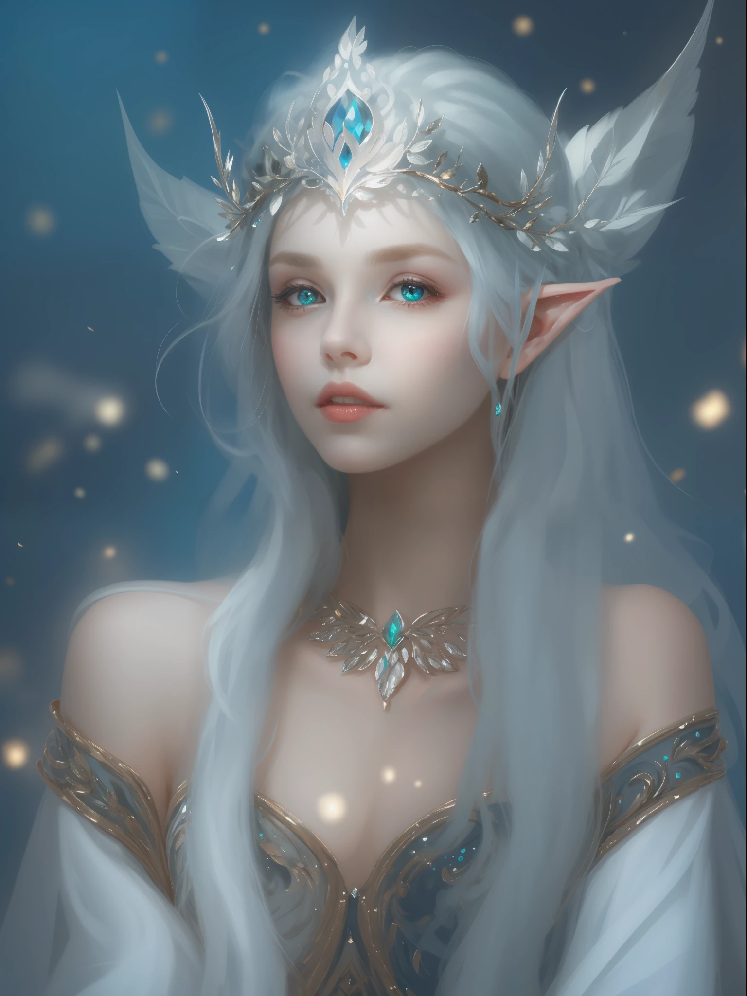 A woman with a crown and a TIA on her head, beautiful and elegant elf queen, Guviz, Fantasy art style, 8K high quality detailed art, Elf Princess, alluring elf princess knight, digital fantasy art , beautiful elven princess, beautiful and elegant female elf,（Perfect full-body portrait），（WLOP painter style，glitters，Blue sparkling eyeshadow）， (long  white hair，White-colored skin，Elf Girl，The skin is translucent white，sparkle in eyes，The elves were dressed in pure white)，beautiful  face，Lonely pale face，facing to audience，Particle，Glow，Guviz-style artwork, WLOP Art