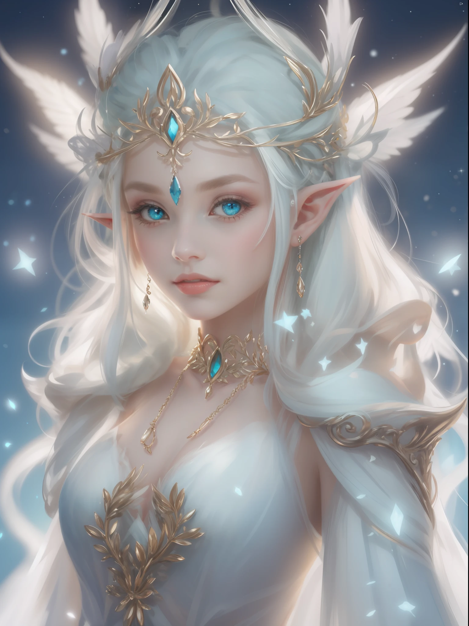 A woman with a crown and a TIA on her head, beautiful and elegant elf queen, Guviz, Fantasy art style, 8K high quality detailed art, Elf Princess, alluring elf princess knight, digital fantasy art , beautiful elven princess, beautiful and elegant female elf,（Perfect full-body portrait），（WLOP painter style，glitters，Blue sparkling eyeshadow）， (long  white hair，White-colored skin，Elf Girl，The skin is translucent white，sparkle in eyes，The elves were dressed in pure white)，beautiful  face， pale face，facing to audience，Particle，Glow，Guviz-style artwork, WLOP Art