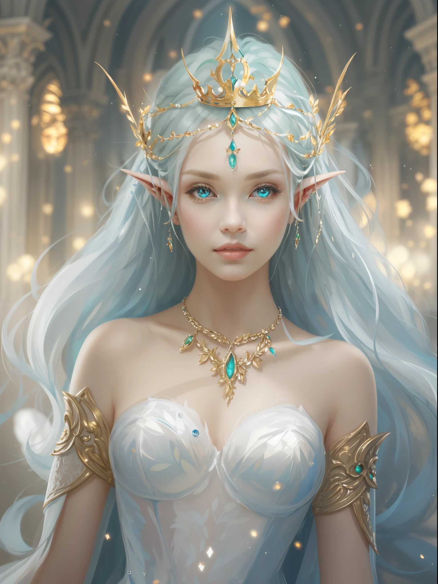 Uma mulher com uma coroa e um TIA na cabeça, Linda e Elegante Rainha Elfa, Guviz, estilo de arte de fantasia, Arte detalhada de alta qualidade em 8K, princesa elfa, sedutor elfo princesa cavaleiro, arte de fantasia digital , linda princesa élfica, linda e elegante elfa,（Retrato de corpo inteiro perfeito），（Estilo de pintor WLOP，brilha，Sombra azul cintilante）， (longos cabelos brancos，Pele de cor branca，garota elfa，A pele é branca translúcida，brilho nos olhos，Os elfos estavam vestidos de branco puro)，rosto bonito， cara pálida，de frente para o público，partícula，brilho，Arte em estilo Guviz, arte