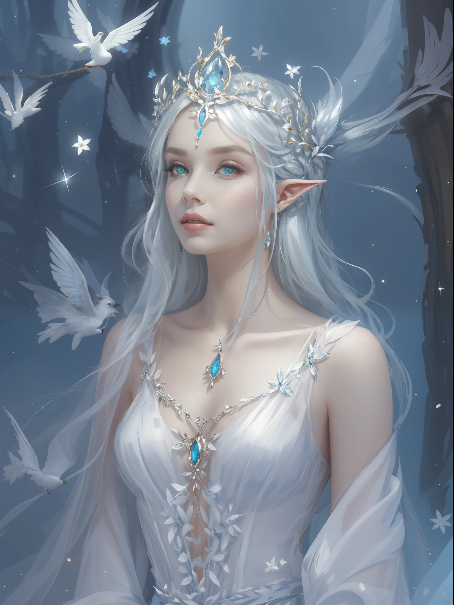 A woman with a crown and a TIA on her head, beautiful and elegant elf queen, Guviz, Fantasy art style, 8K high quality detailed art, Elf Princess, alluring elf princess knight, digital fantasy art , beautiful elven princess, beautiful and elegant female elf,（Perfect full-body portrait，tilt of the head，BREAK BREAK BREAK,），（WLOP painter style，glitters，Blue sparkling eyeshadow）， (long  white hair，White-colored skin，Elf Girl，The skin is translucent white，sparkle in eyes，The elves were dressed in pure white)，beautiful  face，Lonely pale face，facing to audience，Particle，Glow，Guviz-style artwork, WLOP Art