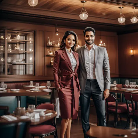 There are executive couple together in a restaurant, standing in a restaurant, Looking at camera