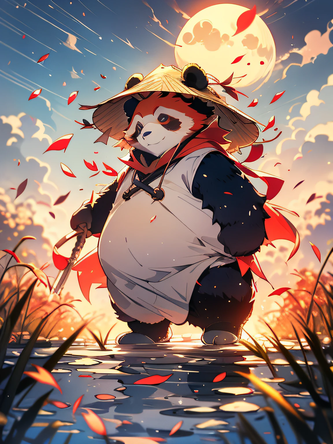 MG Yumao，1 Un adorable panda roux，CielCiel，des nuages，extérieurs，solo，chapeau bob，pubis poilu，herbeux，feuilles，fermant les yeux，ciel généralement nuageux，pétales，debout sur tes pieds，foulard，Personne，la lune，Sous-marin，Bulles，adorable，Moo Moo