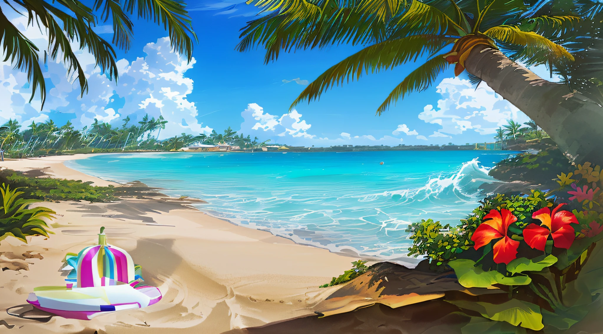 There are pictures of the beach with a pool and boats, amazing wallpaper, Tropical Beach Paradise, relaxing concept art, Beautiful wallpaper, Amazing Background, Hawaii Beach, Island Background, Tropical Beach (Tropical Beach, animation background art, background artwork, Beautiful magical Palm Beach, Tropical Paradise, background art, wallpaper - 1 0 2 4, Magical Beach, beautiful anime scenery, Beach background