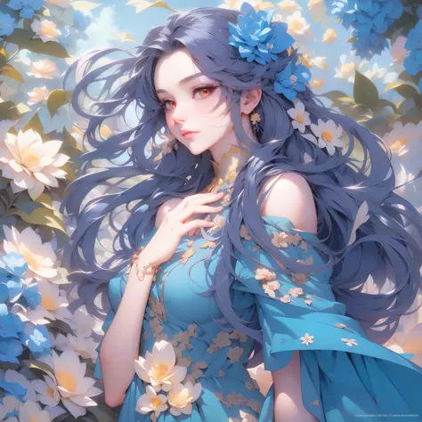 A woman with long hair and a blue dress stands in front of a flower background., Detailed Digital Anime Art, fantasy art style, ...