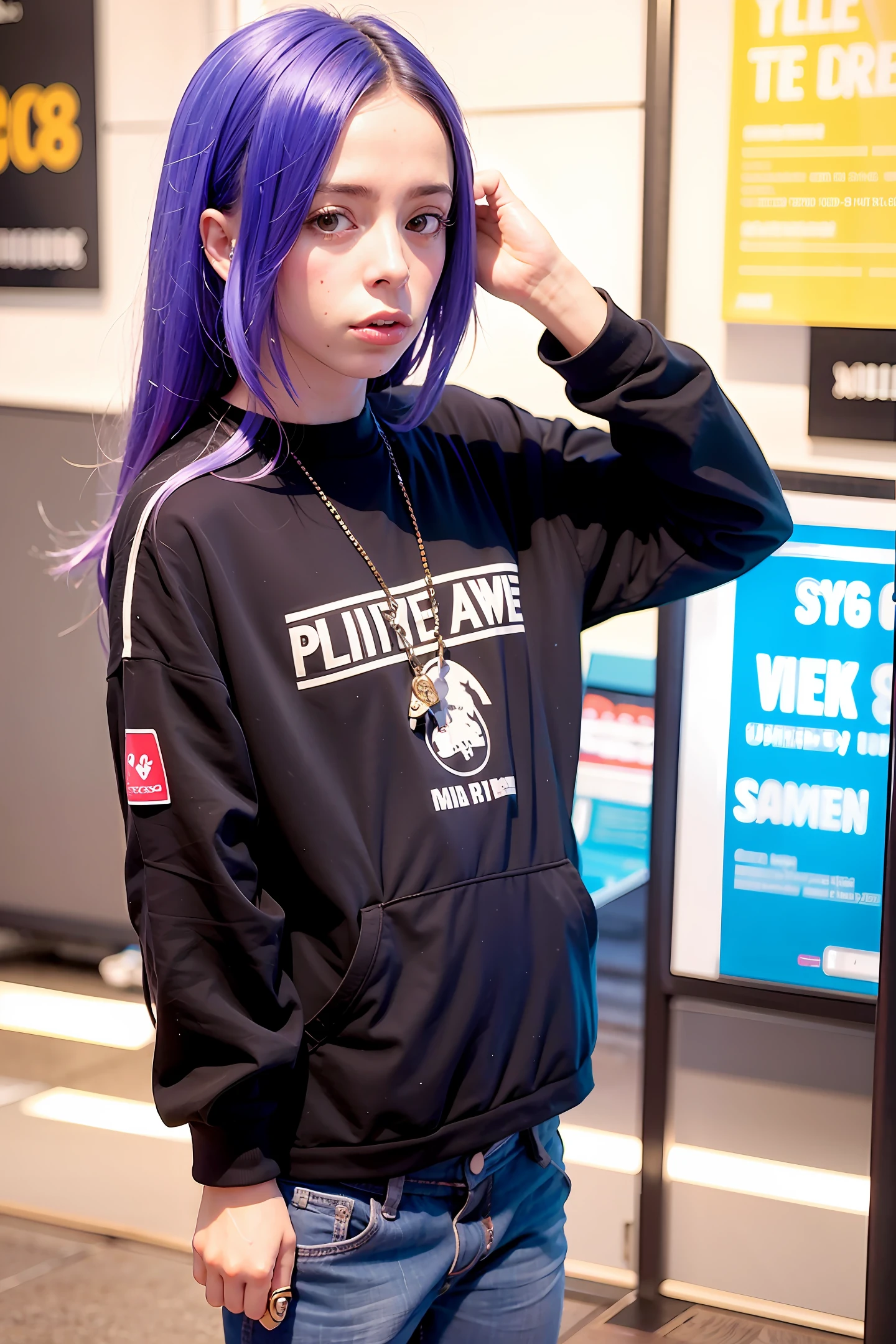 Arafed woman with purple hair and a black hoodie - SeaArt AI