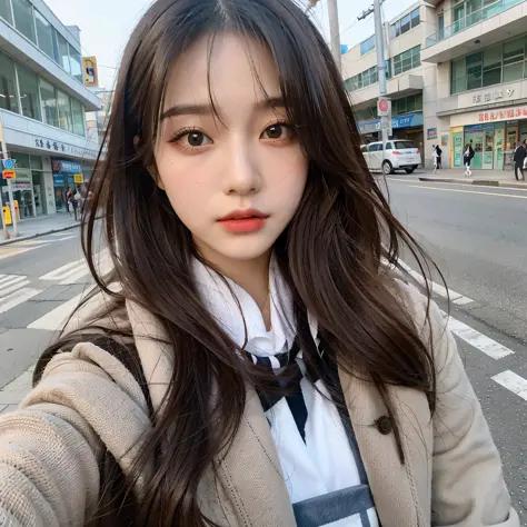 1 High cold girl, JK school uniform, 8K high detail、textureskin、High quality and meticulous eyes, Double eyelids, Selfie on the ...