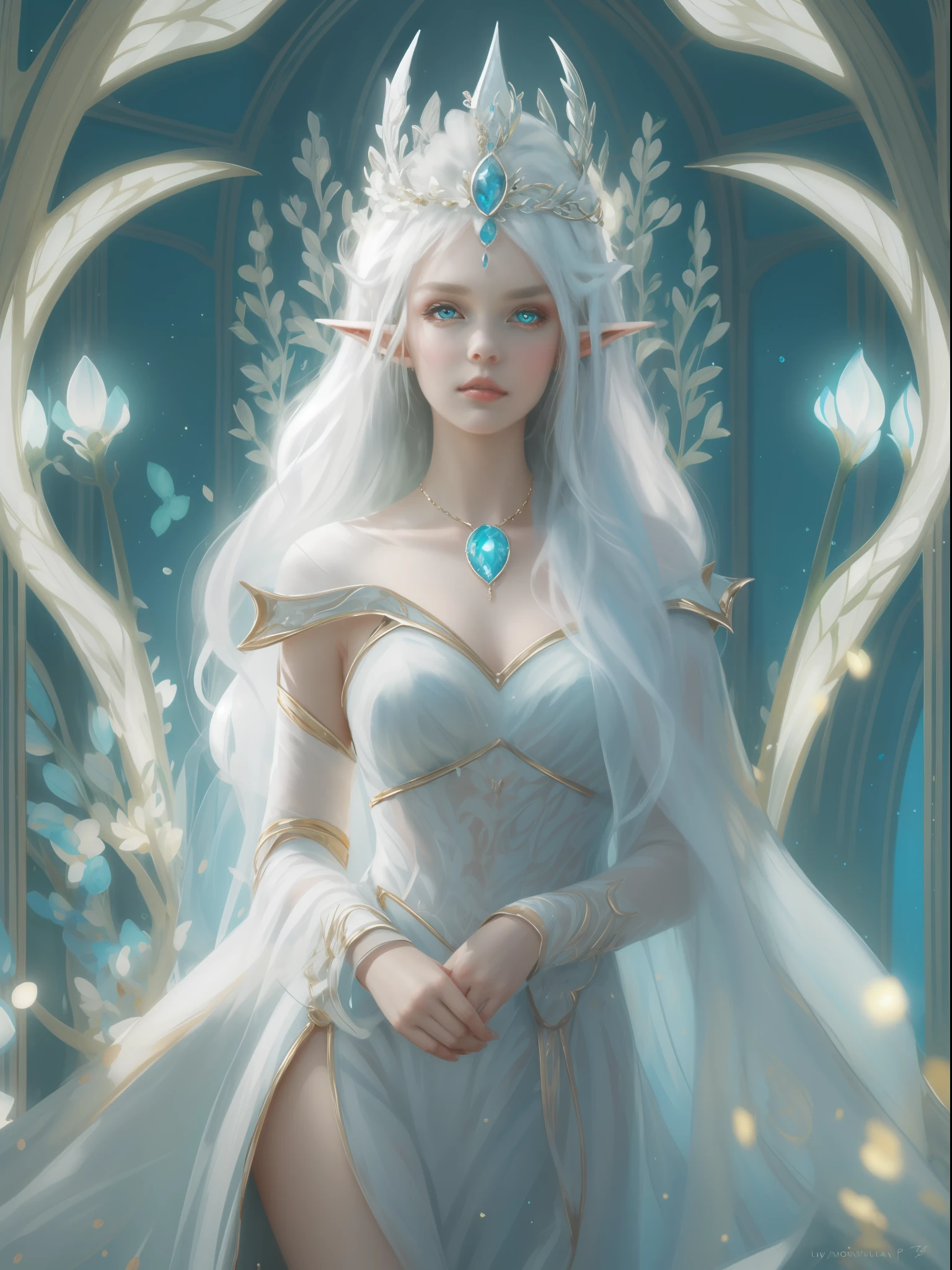 Une femme avec une couronne et un AIT sur la tête, belle et élégante reine des elfes, Guviz, style artistique fantastique, Art détaillé 8k de haute qualité, princesse elfe, séduisante elfe princesse chevalier, Art fantastique numérique , belle princesse elfique, belle et élégante elfe,（Portrait complet du corps parfait），（Style de peintre WLOP，Paillettes，Fard à paupières bleu scintillant）， (longs cheveux blancs，Peau de couleur blanche，Fille elfe，La peau est blanche translucide，briller dans les yeux，Les elfes étaient vêtus de blanc pur)，beau visage，（Visage pâle et solitaire），face au public，particule，briller，Oeuvre de style Guviz, Art WLOP