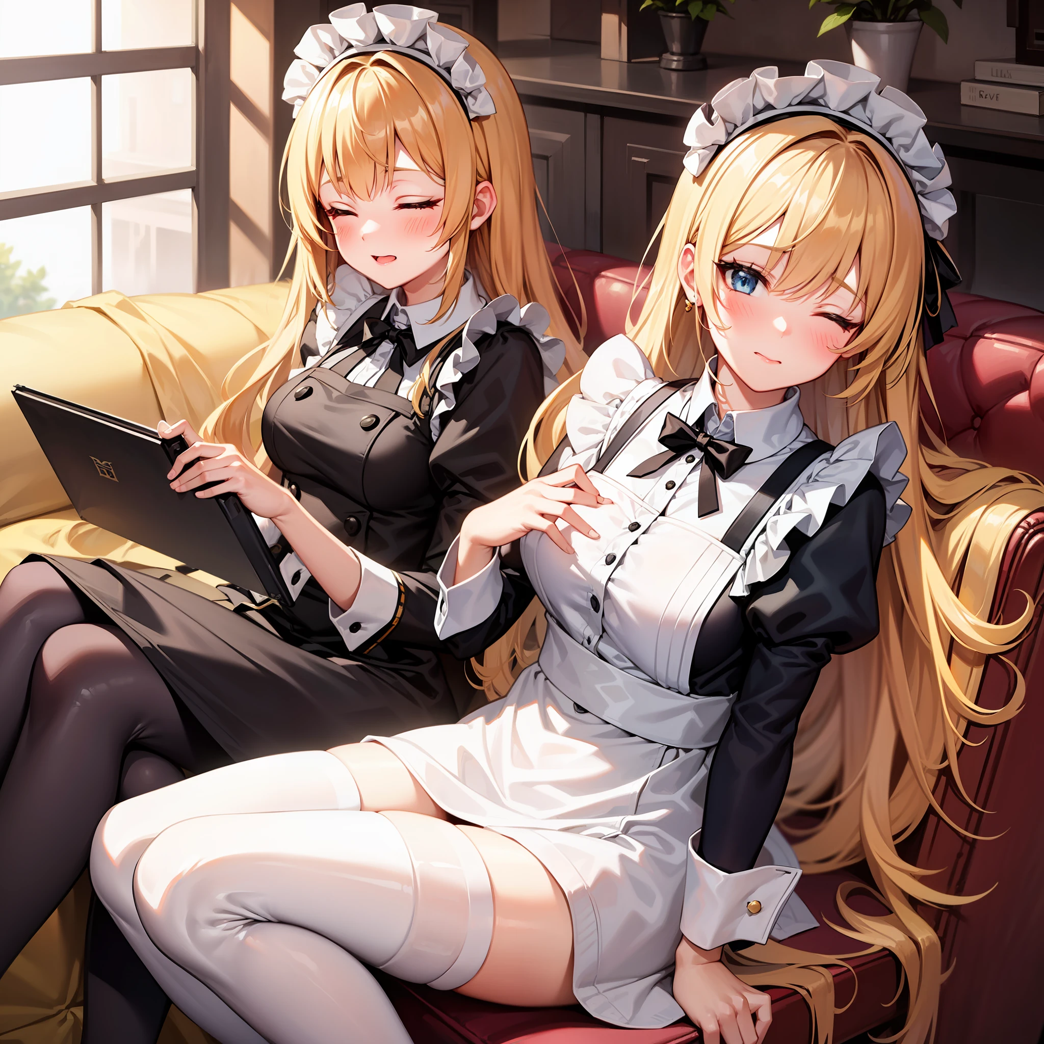 teens girl,blond hairbl,blue color eyes,style of anime,the maid outfit,A masterpiece,Finger details,Whole body diagram,with a faint blush face,lying on sofa,Keep your eyes closed,white stockings