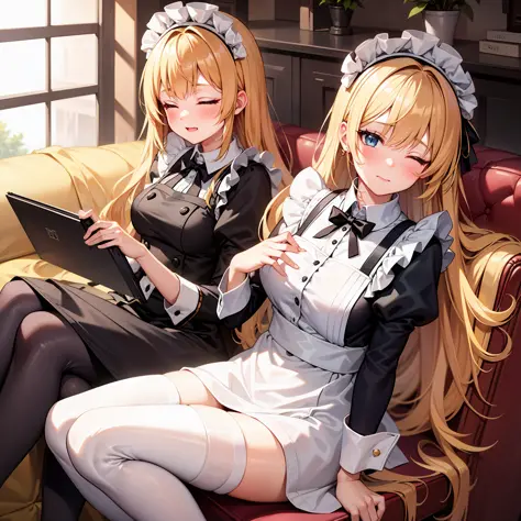 teens girl,blond hairbl,blue color eyes,style of anime,the maid outfit,a masterpiece,finger details,whole body diagram,with a fa...