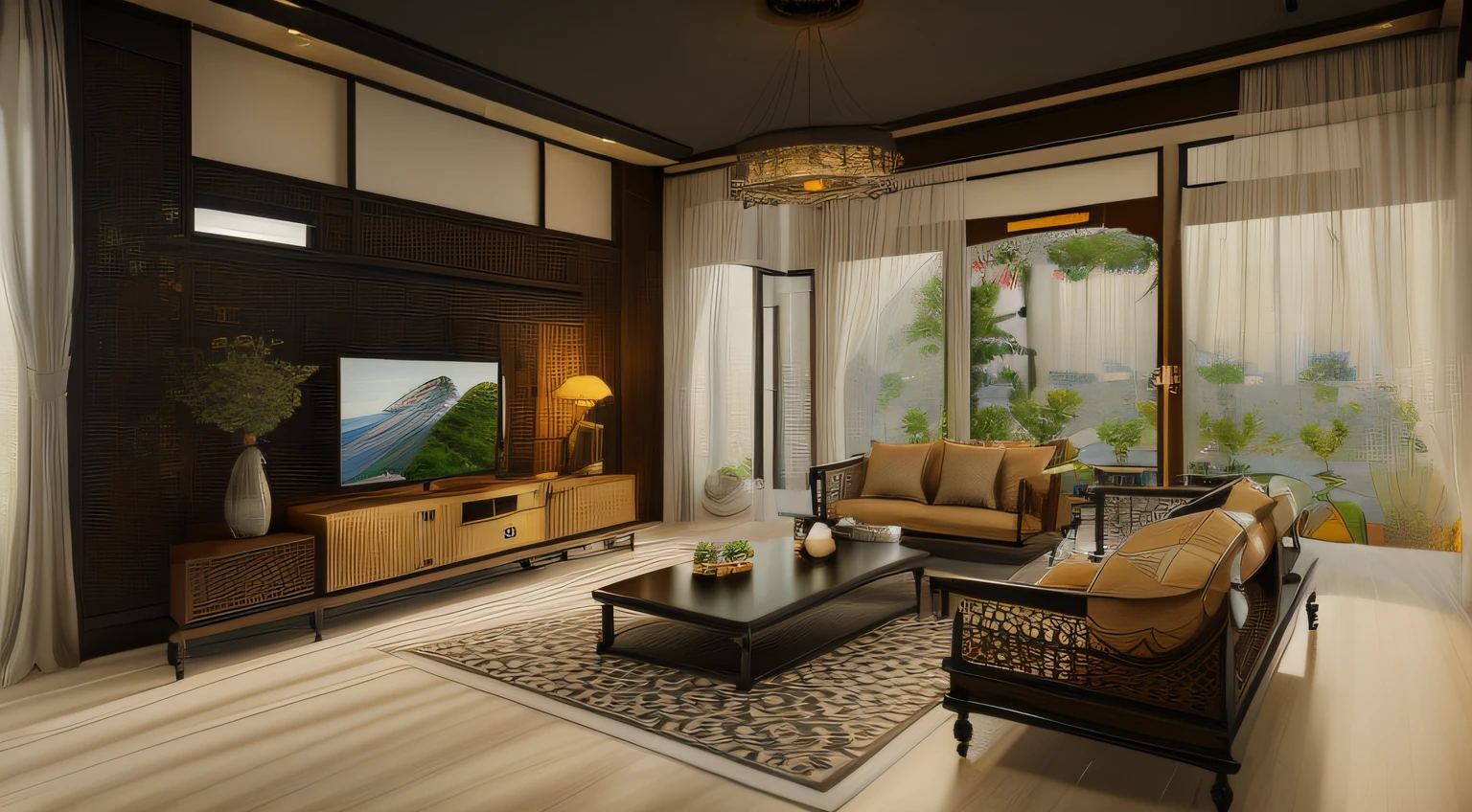 ((Best quality, 8k, Masterpiece :1.3)) (living room indochina BLACK Wood design: 1.3)  glossy black wooden furniture  , sofa , plaster ceiling , glossy mable floor , ink art , wall panel
