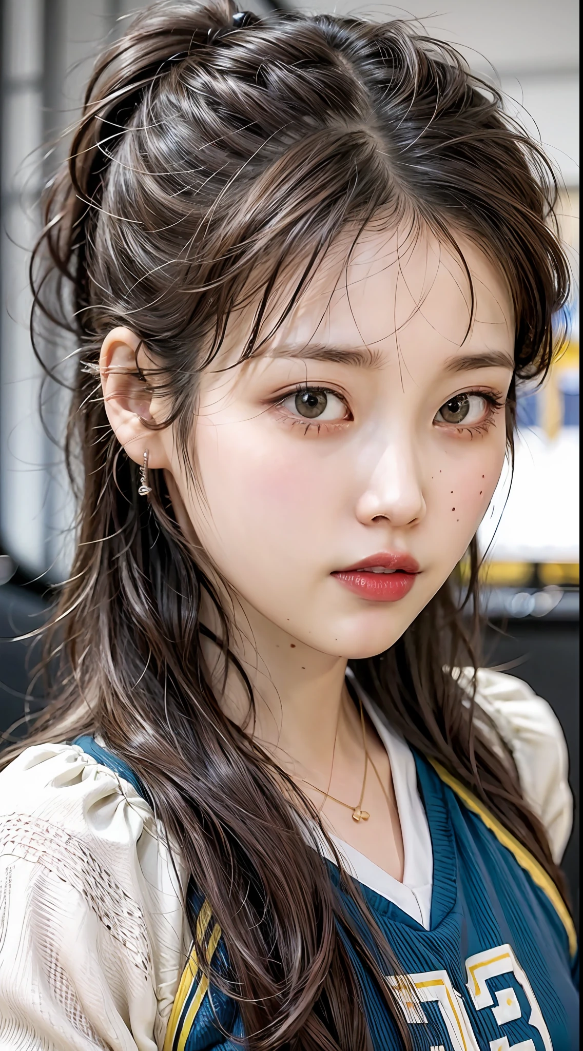 IU， Beautuful Women，little breast， （brunette color hair），pony tails，Volleyball uniform  （looking at the camera in）， tmasterpiece， best qualtiy， （photograph realistic：1.2）