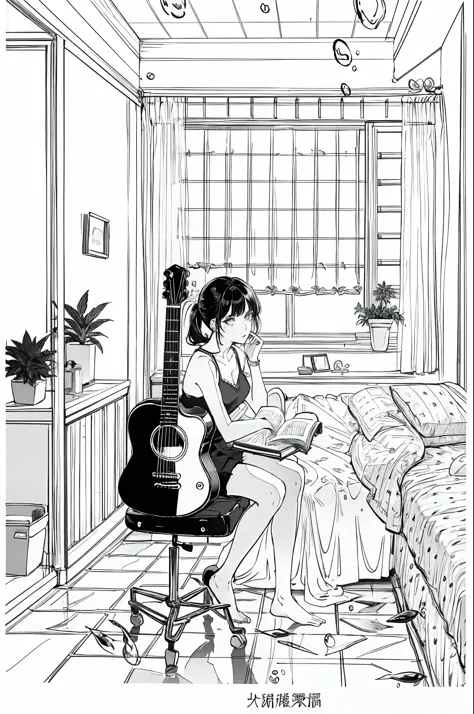 lineart, 
1girl, 独奏, black hair, holding, sitting, pony tail, Shorts, Indoors, pouch, a cup, book, Window, bed, chair, phone, stuffed toy, Scarecrow, plant, Curtains, instrument, a table, camisole, fish, Cannabis, bubble, undersea, watch, Guitar, air bubbl...