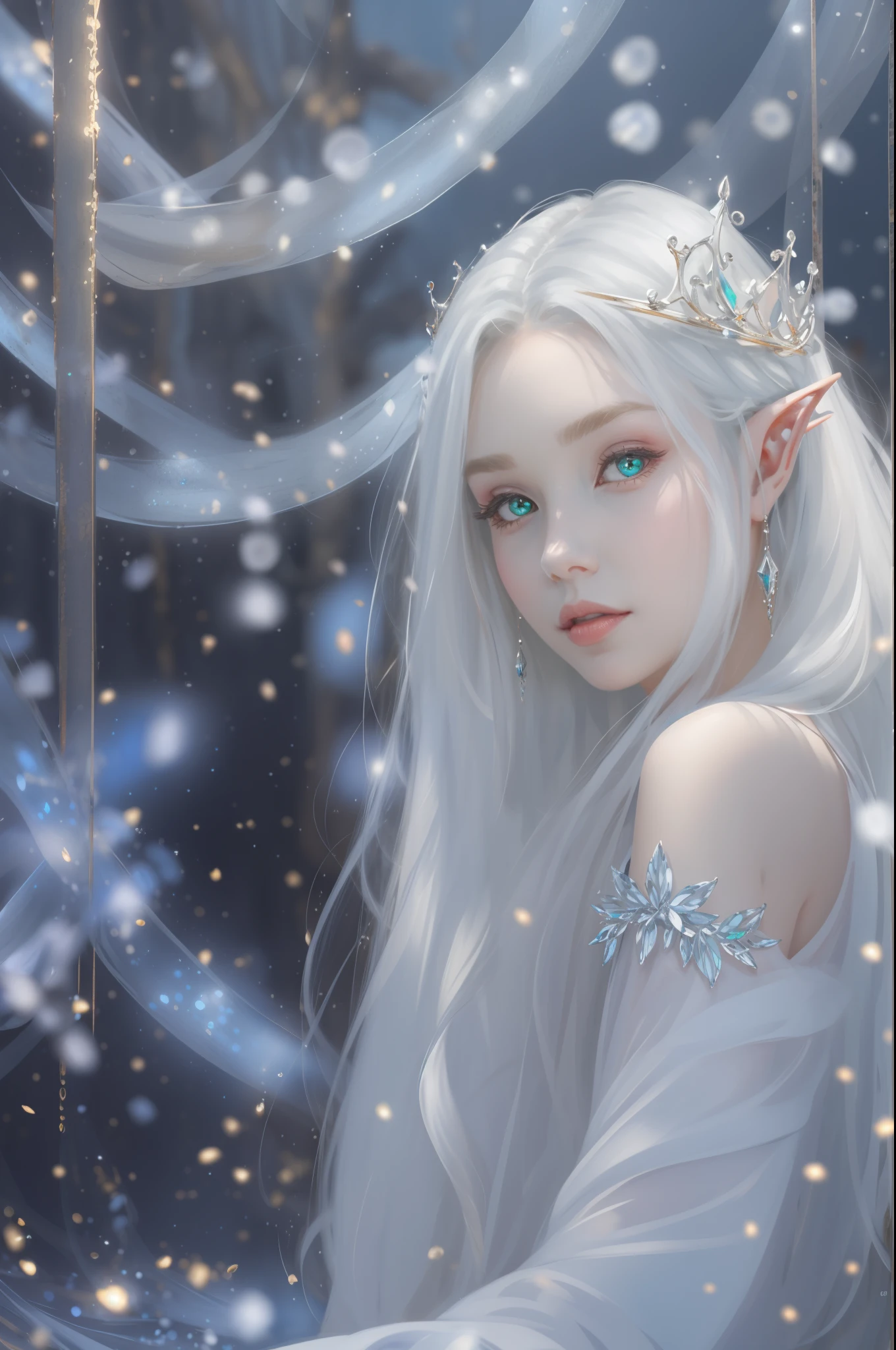 1 woman with a crown, Beautiful and elegant elf princess, Guviz, Fantasy art style, 8K high quality detailed art, Seductive elf princess, digital fantasy art , beautiful elven princess, beautiful and elegant female elf,（Perfect full-body portrait，tilt of the head，BREAK BREAK BREAK,），（WLOP painter style，glitters，Blue sparkling eyeshadow）， (long  white hair，White-colored skin，Elf Girl，The skin is translucent white，sparkle in eyes，The elves were dressed in pure white)，beautiful  face，（Lonely pale face），facing to audience，Particle，Glow，Guviz-style artwork, WLOP Art