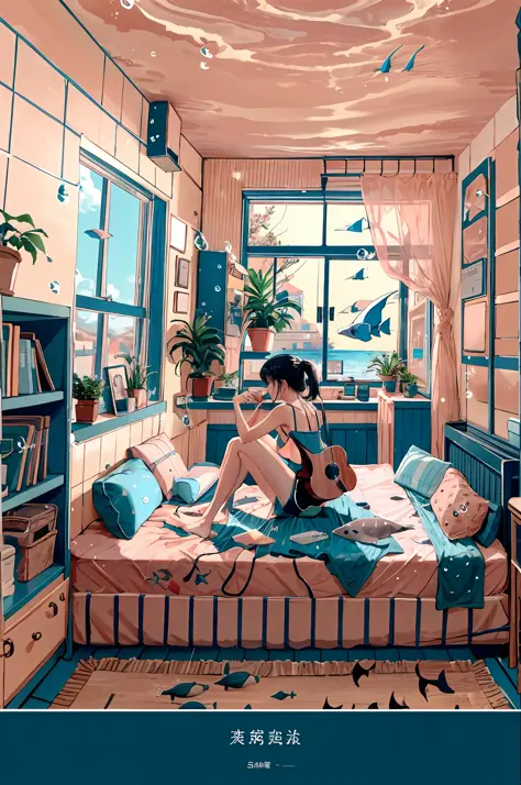 1girll, 独奏, Black hair, Holding, Sitting, pony tails, Shorts, Indoors, pouch, D cup, book, window, Bed, chair, Phone, plushies, ...