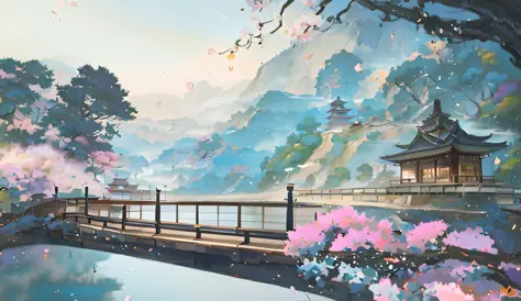 Painting of a bridge over the river，In the background is a pagoda, Beautiful art UHD 4 K, Detailed painting 4 K, landscape artwo...